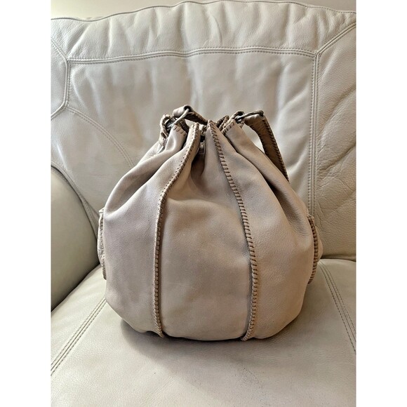 Vintage Sigrid Olsen Leather Hobo Bucket Bag Drawstring Cottagecore Y2K Beige - Picture 5 of 16